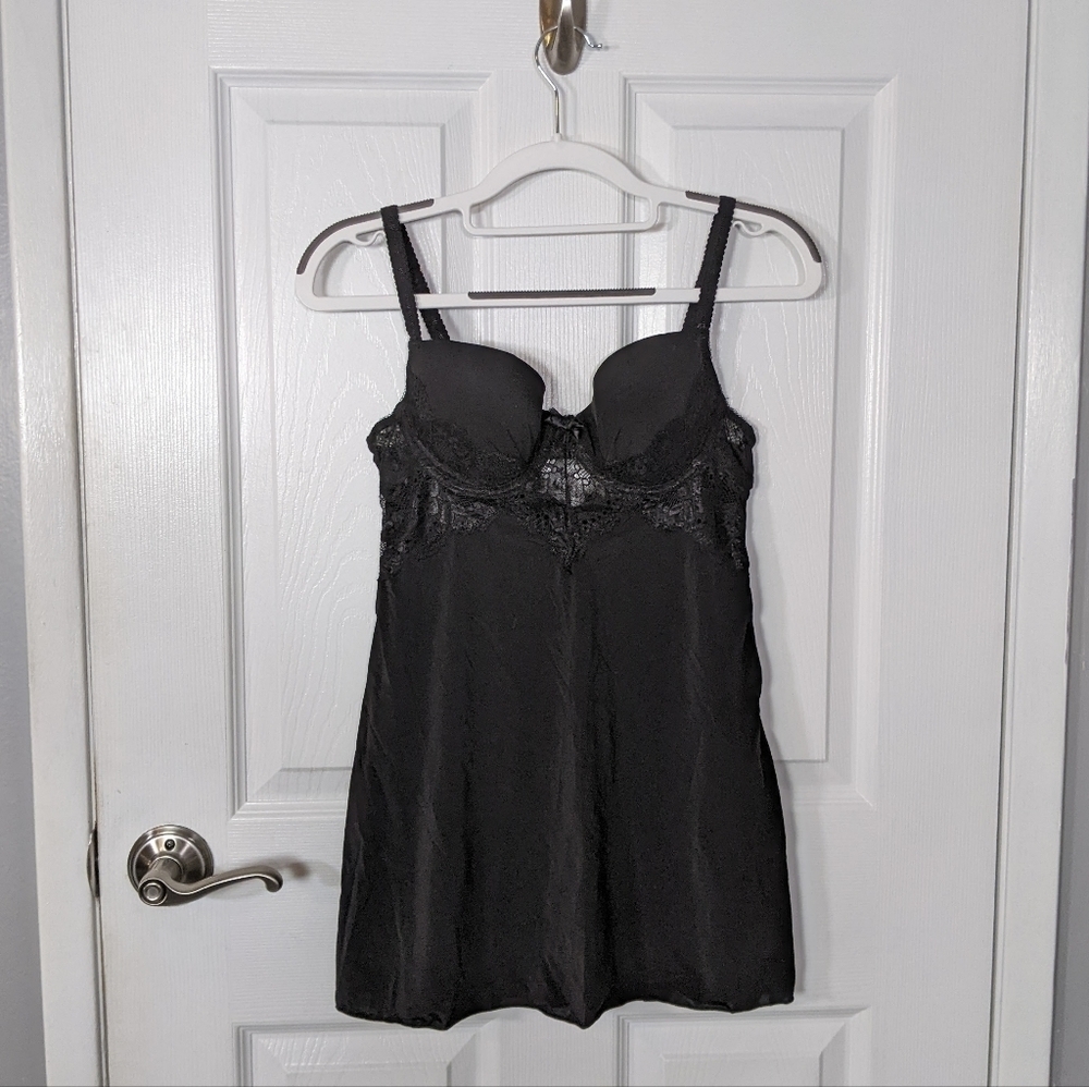 EUC Sophie b. Intimates Black Lacey Underwire Bow Detail‎ Chemise Size Small
